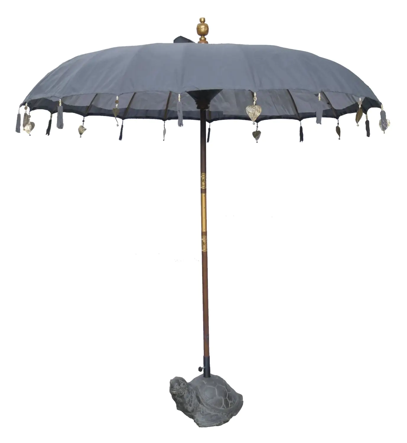  Product image 1 of the product “Bali umbrella , dark grey 2 with wooden coins and gold leaves hanging around the edge. Approx. 230cm dia. and 250cm height ”